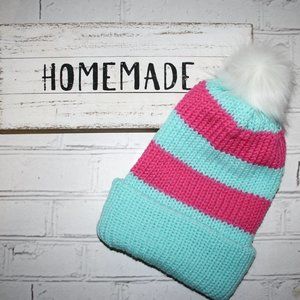 🌸 Handmade Beanie – Aqua & Pink Stripes – NWoT · Women’s Medium